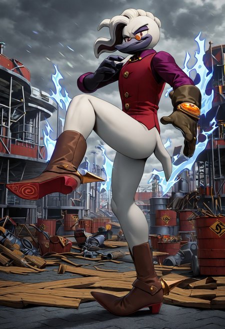 masterpiece, best quality, amazing quality, high detail, absurdres, Doctor Starline, 1boy, male, solo, slender, pince-nez, webbed brown glove, glove on the left hand, Tricore, purple shirt with golden cufflinks, red-violet vest, brown boots with golden buckles, red-violet soles, medium-high heels, Heel Spur, upward-turned pointy toes, dynamic pose, blue aura around body, scrap yard, factory, gray sky, clouds