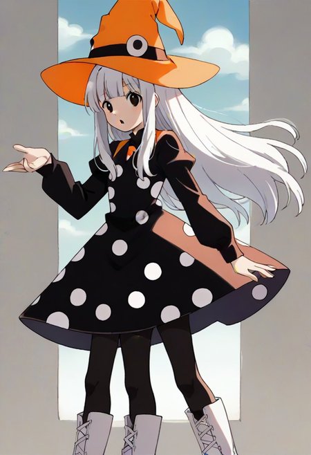 source_anime, anime, (vivid colors, bright colors:1.1),, adult, white hair,long hair,bangs,orange hat, thin hat, witch hat, black dress,black pantyhose,white boots,polka dots,polka dot dress, <lora:Eureka_Frog_v10:1>,