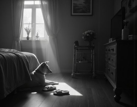 black and white photo. high-resolution cinematic film still photography, glamour photography. realistic, hyper realistic masterpiece photography, Canon R8, short focal length, 35mm, best quality, 4K, 8k UHD, ultra-high resolution, ultra-high definition, highres. Create scene of a side of a bed. The bed is neatly made, sheets are tucked in. House slippers on the floor beside the bed. The feeling is sad because a close family member has died. Fresh flowers in a vase by the night stand, photo on the nightstand. A walker is next to the bed. a dog waits for his owner to return but he will not return.
The scene is dark with dim dramatic shadows. depth of field. The scene is sad and dark. low angle photo. sun rays.