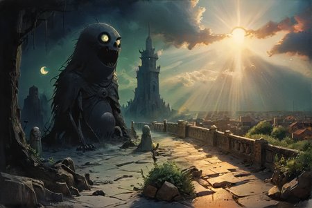 studio ghibli, darkest necropolis night of the envy sitting dead wast landscape, moon, eclipse, fog, BREAK brightest day of the happy living thriving busy (city:1.1), sun, god-rays, highly detailed, landscape, panorama, wide-angle, moody, atmospheric, masterpiece, high resolution, hdr, 8k, composition, shadows, clouds, <lora:- SDXL - vanta-black_contrast_V3.0:0.8>, <lora:- SDXL - otclillsn_impossible_geo_V1.0:0.7>, <lora:dfantasy:0.8>, <lora:The_Simplest:0.8>, <lora:DonMP41n717Bl4ckXL:0.4>, <lora:SDXL - Style - EldritchRomanceIllustration1.3.1:0.4>, <lora:artfullyECHELIER_SDXL_V1:0.4>