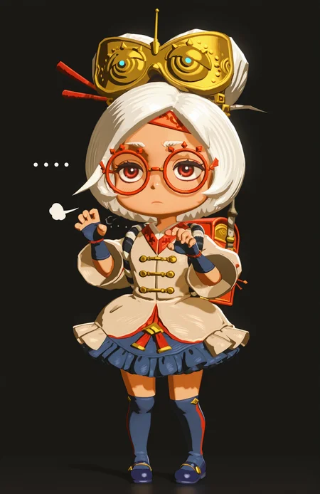 <lora:anatomy_helper:0.8> 1girl, solo, black background, full body, disappointed, expressionless,  sigh, ..., bored,,claw pose, 3d
<lora:LilPurah-IL:1> prhmini, red eyes, red-framed eyewear, red-framed eyewear, beige jacket, blue skirt, frilled skirt, blue socks, kneehighs, blue footwear, mary janes, red headband, goggles on head, hair stick, hair beads, fingerless gloves, blue gloves, petticoat, randoseru, red bag, bag straps, blue and white striped strap, chibi, extremely detailed, highres, masterpiece, best quality