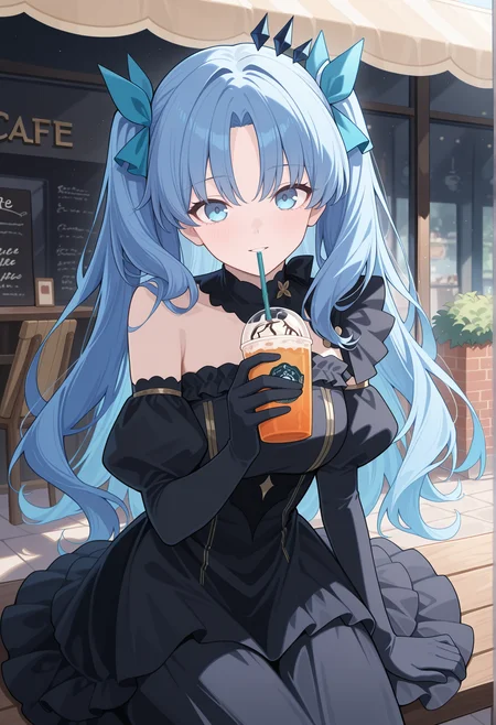 1girl, long hair, blue hair, twintails, blue eyes, hair ribbon, blue ribbon, hair ornament, elbow gloves, detached collar, frills, light smile, outdoors, sitting, cafe, looking at viewer, drinking, drinking straw, parted lips, black dress  <lora:Ereshkigal_illus:1>, masterpiece, best quality, amazing quality, very aesthetic, absurdres, highres, newest