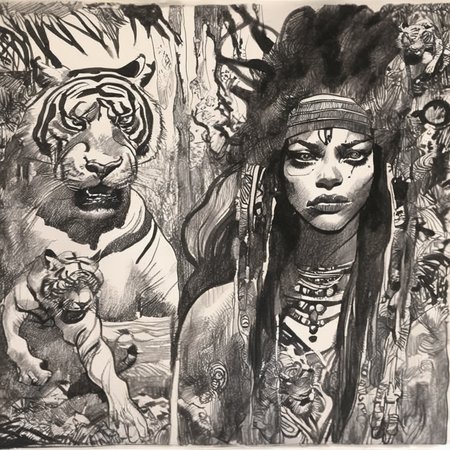 drawix20 girl shaman ghosts and tigers in the jungle, very detailed, black ink <lora:drawix20:1>