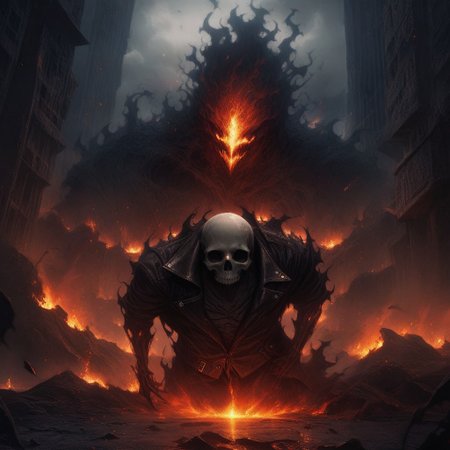 Dark Fantasy Art, Dark Moody Atmosphere, dramatic, mysterious, dark moody atmosphere, dark, moody, dark fantasy style, realistic anime,
BREAK,
Ghost Rider rockets up the skyscraper, his flaming motorcycle scorching a fiery path over glass and steel,
BREAK,
His skull, engulfed in hellfire, casts a sinister, flickering glow, with empty eye sockets seething with vengeful fire,
BREAK,
Flames curl around his skeletal form, his leather jacket and pants seared and frayed, smoldering as he rides,
BREAK,
Each wheel turn burns the glass, leaving molten streaks that trail behind him, and the building quakes under his ascent,
BREAK,
His engine’s roar echoes against the steel, blending with the hiss of flames in a symphony of raw, otherworldly power,
BREAK, 
sitting on his bike, cracked roadway, cracked road, skull,