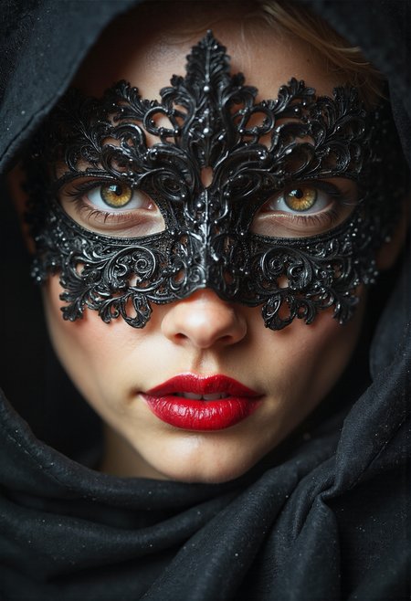 an ultra-realistic and surreal portrait photo of the most beautiful attractive and young woman, her face covered with veil mask. red lips, hazel eyes, The image is enhanced with film grain and bokeh effects, is a highly detailed masterpiece, captured in high quality and high resolution <lora:flux_realism_lora:0.9><lora:glowing_flux:0.4><lora:fluxenhancer:0.25>