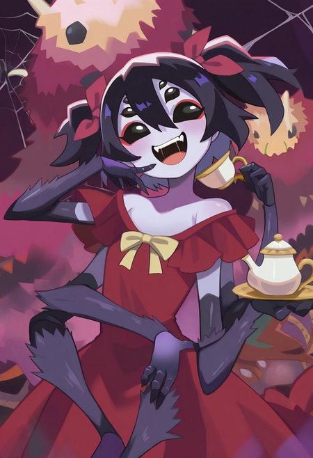 masterpiece,best quality,amazing quality, newest, absurdres, highres, Kiding_Ryuu, KDSTL, 1girl, solo, smile, short hair, black hair, dress, bow, holding, twintails, two side up, cup, colored skin, fangs, red dress, bug, short twintails, monster girl, teacup, teapot, purple skin, extra arms, extra eyes, arthropod girl, silk, spider web, spider girl, spider