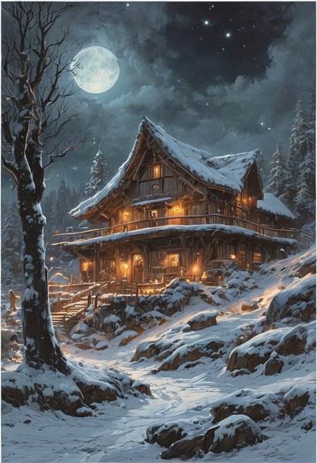 A captivating night scene illustration featuring a grand WOODEN one story viking longhouse with a great thatched roof standing tall on a large snowy hill overlooking a lake. The beautiful viking longhouse adorned with some windows, emits a warm glow, highlighting its incredible craftsmanship. The snowy  hill is covered in great pine trees, reflecting on the calm, moonlit snow  that mirrors the silvery moonlight. The full moon graces the sky, casting an ethereal glow on the clouds and mountain, while wispy clouds partially obscure its brilliance, adding to the scene's mystique. Twinkling stars dot the sky, creating a celestial tapestry that harmonizes with the moon's radiance. This enchanting artwork captures a serene and peaceful night, where the illuminated WOODEN viking longhouse stands resolute amidst the celestial beauty, creating a cinematic experience., illustration, cinematic
<lora:DonM3t3rn1tyXL-v1.1:0.7>, DonM3t3rn1tyXL,
OverallDetailXL  <lora:MJ52:0.3>  <lora:SDXLFaeTastic2400:0.4>  <lora:EpicF4nta5yXL:0.7>