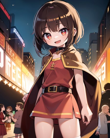 masterpiece, best quality, ultra-detailed, illustration, epic lighting, cinematic composition, colorful, 1girl, solo, megumin, small chest, red eyes, brown hair, bangs, sidelocks, short hair with longs locks, sparkling eyes, star-shaped  pupils, :d, exited, open mouth, smile, gold trim, looking at viewer, black choker, red cape, red dress, brown belt, single thighhigh, bandaged leg, own hands together, standing, legs apart, cowboy shot, outdoors, city, cyberpunk, neon lights, buildings, street, crowd, people, busy, (extremely detailed CG:1.2), (8k:1.1)