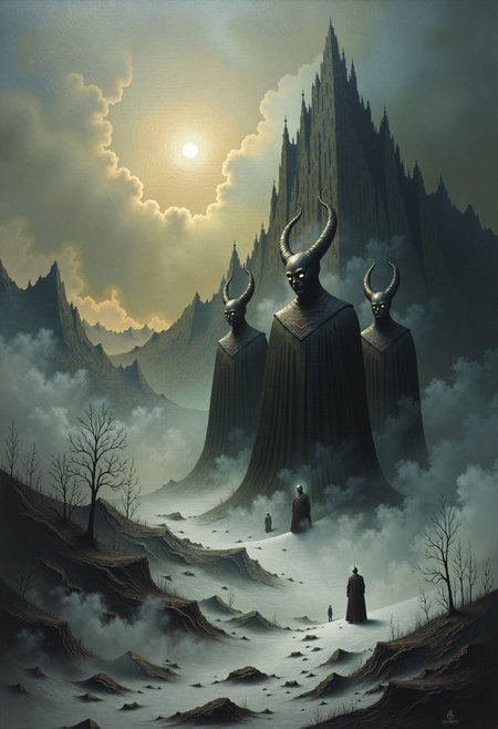 0n1r1c, Create this dramatic impasto artwork that decipts the three Norse Norns from the Völuspá poem of the Edda, stand on a vast, frozen ice field. 
The sky is overcast with dark, brooding clouds, and the low-hanging sun casts an eerie, mystical glow over the scene. 
The Norns wear long, heavy garments reminiscent of medieval Norse attire, and their faces are shrouded in mystery, adding to their enigmatic presence. 
The atmosphere is calm, silent, and timeless, emphasizing the Norns' mystical nature as the weavers of fate. Surrounding them are ancient, withered trees and a distant silhouette of a rugged mountain range, further enhancing the otherworldly setting.
This dystopian, post-apocalyptic-style painting features a monochromatic scheme, primarily with shades of black, gray, and white.