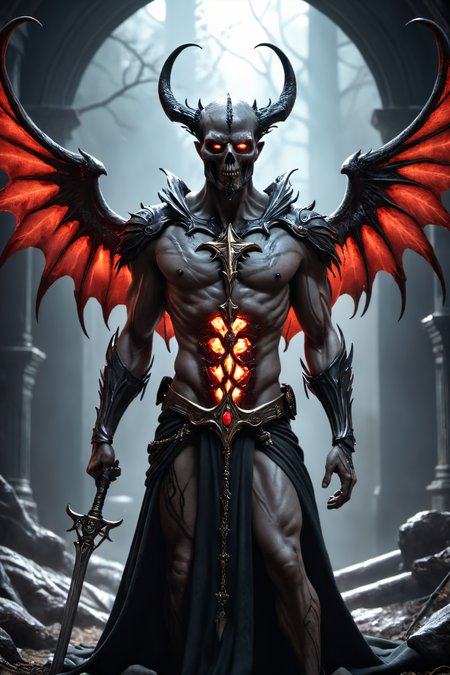 cinematic film still Dystopian style Horror-themed realistic photo of a evil demon with rotting angel wings and holding a scythe,glowing red upside down cross on chest piece,unreal engine 5 quality render cinematic lighting 8k resolution concept art by giger trending on cgsociety,dramatic light,hdr,vivid color scheme,cyberpunk,neon noir style,sci-fi atmosphere,hyper realism,octane,god rays,volumetric,golden ratio,cool 4d,retrowave,in the year 2021,award winning masterpiece,depth,deep focus,black metal,true to life,natural skin,high detailed body,very detailed scene,shadows,detailed background,highly detailed skin,accurate to life,living image,amazingly lifelike .,glow effects,godrays,Hand drawn,render,8k,octane render,cinema 4d,blender,dark,atmospheric 4k ultra detailed,cinematic,Sharp focus,big depth of field,Masterpiece,colors,3d octane render,4k,concept art,trending on artstation,hyperrealistic,Vivid colors,extremely detailed CG unity 8k wallpaper,trending on CGSociety,Intricate,High Detail,dramatic . Eerie,unsettling,dark,spooky,suspenseful,grim,highly detailed,Ultra-HD-details,true to life,natural skin,high detailed body,very detailed scene,shadows,detailed background,highly detailed skin,accurate to life,living image,amazingly lifelike . Bleak,post-apocalyptic,somber,dramatic,highly detailed,, Ultra-HD-details, glow effects, godrays, Hand drawn, render, 8k, octane render, cinema 4d, blender, dark, atmospheric 4k ultra detailed, cinematic, Sharp focus, big depth of field, Masterpiece, colors, 3d octane render, 4k, concept art, trending on artstation, hyperrealistic, Vivid colors, extremely detailed CG unity 8k wallpaper, trending on CGSociety, Intricate, High Detail, dramatic . shallow depth of field, vignette, highly detailed, high budget, bokeh, cinemascope, moody, epic, gorgeous, film grain, grainy