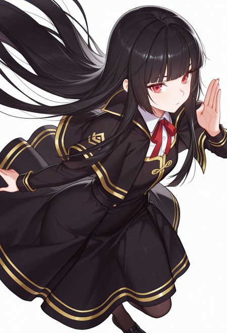 Smooth Quality,masterpiece,very intricate, high quality details, ultra realistic, high detailed skin,detailed enviorement,absurdres,
vulcan salute,
 <lora:Atre_CNR:0.8> atre_cnr, 1girl, black hair, very long hair,blunt bangs, red eyes,black dress,black capelet, pantyhose, long sleeves, ribbon, shoes,, simple background, white background, dynamic angle,solo,, guilt,