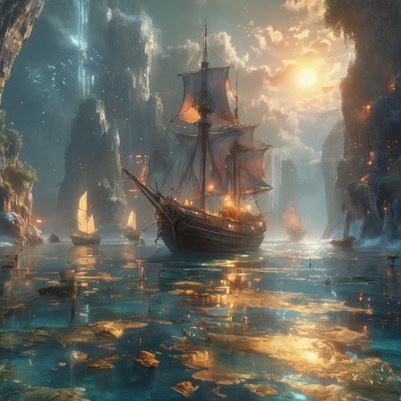city underwater, blue atmosphere, rays of light shining through, highly detailed oil painting, unreal 5 render, rhads, Bruce Pennington, Studio Ghibli, tim hildebrandt, digital art, octane render, beautiful composition, trending on artstation, award-winning photograph, masterpiece <lora:MJ52:0.5> <lora:add-detail-xl:1>a long bay, at night, iconic limestone karsts emerging from the tranquil waters, sail boats, moonlight, quaint, serene, mythical, mystical, picturesque, exceptionally beautiful, ultra detailed, 8k, uhd