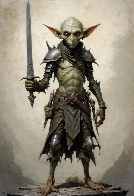 videogame art,  a long elf, goblin ghoul, holding a iron rusty sword,  wearing leather armor, plated armor, armor plating, by Jean-Baptiste Monge and Nicola Samori