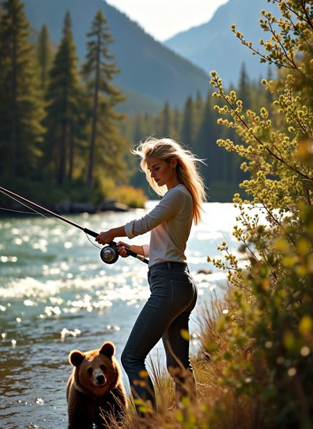 Photograph of a young woman standing on the shore of a lake, holding a fishing rod in her right hand. She is wearing a green tank top and blue jeans, and her blonde hair is blowing in the wind. In the background, there is a deer standing in the water, and the lake is surrounded by trees and bushes. The sky is blue and the sun is shining, creating a warm glow on the scene. The overall mood of the image is peaceful and serene. <lora:add-detail-xl:.5>  <lora:Flux-style-xl-lora:.5>