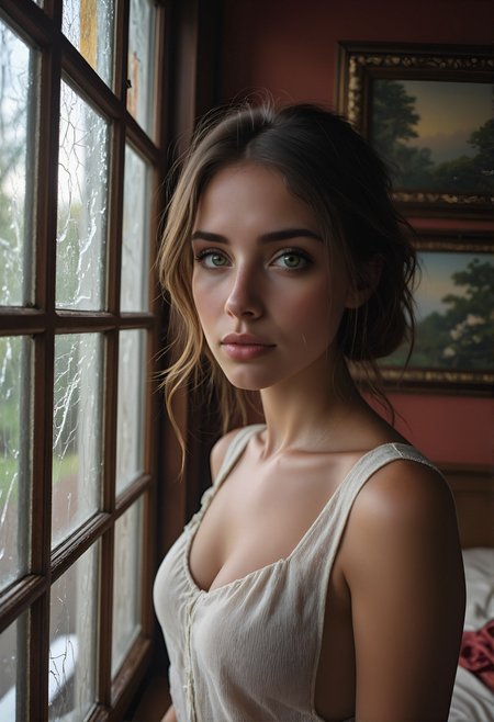 Pristine RAW closeup photo through the broken stained glass of a beautiful 22 year old woman's eyes looking outside. She is wearing linen vest dress with bare sides and bare shoulders, miniskirt and bare side thighs. Old furniture, nature paintings, red wood walls. extremely detailed.  <lora:FLUX\nk_Perfect_eyes_gaze_look:0.8>, <lora:FLUX\extremely detailed_ntc:0.6>,<lora:FLUX\sideboob_FluxSideboob:0.7>