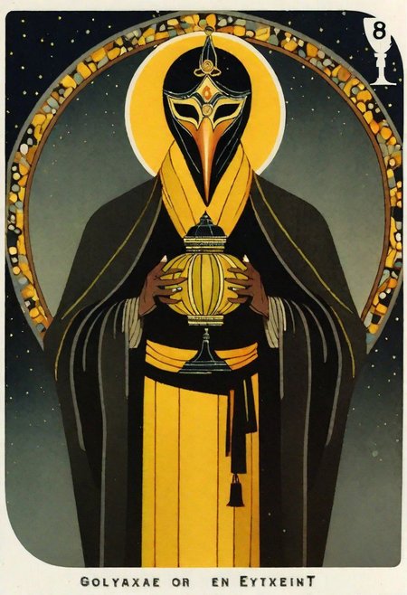 dark grey background, art deco, occultist, antiquarian, ((man in byzantine robes)), ornate lantern, ((man wearing golden ibis mask)), (man wearing turban), ((black and yellow robes)), ((upwards shoulder pads)),