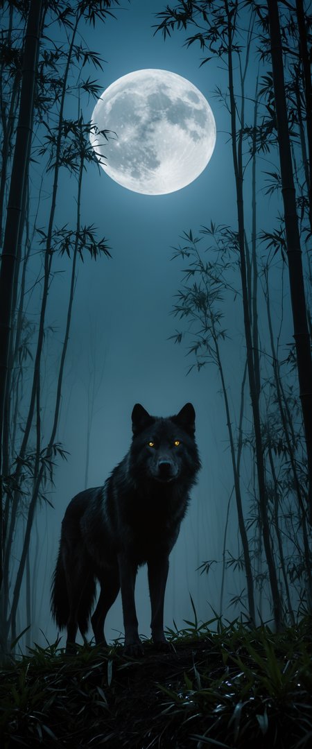 photo of wild bamboo thicket, epic composition, cinematic lighting, a beautiful blue moon, volumetric light, night sky, fantastic fog, a black wolf staring at camera, (yellow eyes), (luminous eyes:1.3), (best quality), photorealistic, highly detailed, high resolution RAW photo  <lora:zavy-bcklt-sdxl:0.3> <lora:add-detail-xl:0.4>