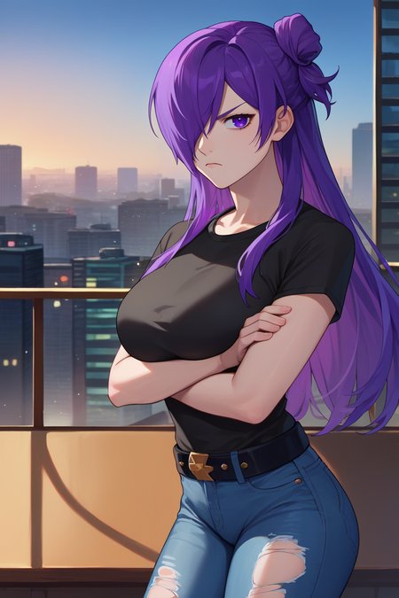 score_9, score_8_up, score_7_up, score_6_up, source_anime BREAK 1girl, solo,  <lora:shez-pdxl-nvwls-v1-000005:1> feShez, single hair bun, purple hair, long hair, hair over one eye, big breasts, black t-shirt, leather belt, jeans, torn jeans, looking at you, unimpressed, city, blue sky, crossed arms