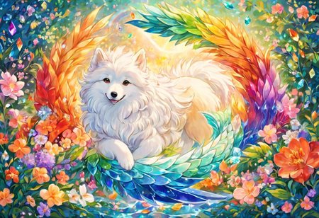 (masterpiece), (highest quality), (extremely detailed), highres, shedu mythological creature, dog with gorgeous mane, multicolored fur, rainbow fur, majestic manticore, griffon, samoyed dog, cute, fluffy, iridescent, (belly rub, playful, rolling in flowers) prismatic, rag curls, doggo, lush vegetation, mermaid scales, in the style of Arnold Bocklin, gentle loving eyes, crystal feathers, crystal sculpture, apricot blossoms, ice fox, 2d, swirly, curly hair, colorful 1.9,