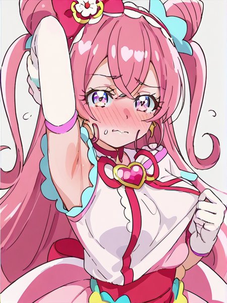 score 9, score 8 up, score 7 up, detailed background, shiny skin,
<lora:cureprecious.pony:1>,
cureprecious,
armpit, large breasts, heavy blush, half-closed eyes, embarrassed, pulling shirts side,