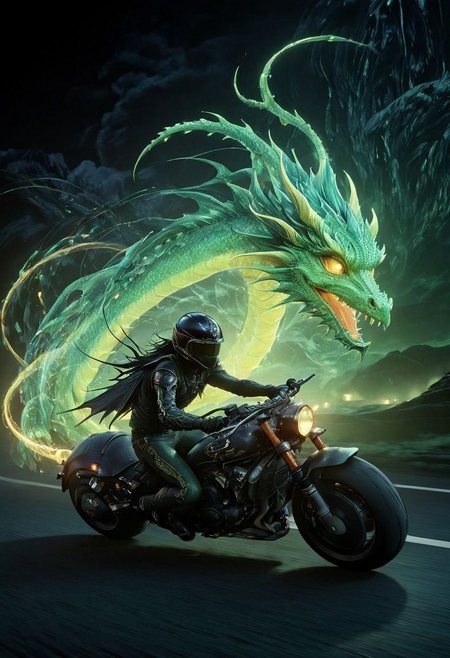 Rear View, Deep black Photorealistic bf-style, a dreamy vibrant fairy elfish motorbike resembling a Dragon in motion with light-trails, volumetric lighting, ultra detailed, deep Blacks, very detailed, atmospheric haze, Film grain, cinematic film still, shallow depth of field, highly detailed, high budget, cinemascope, moody, epic