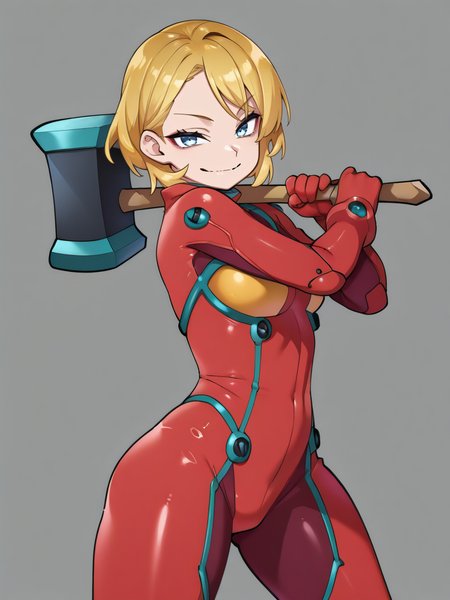 AgawaRyoXLP,, grey background,
1girl, red bodysuit, holding hammer, light smile, blonde hair, blue eyes, evil smile, 
front, looking at viewer, (dynamic pose:1.1), cowboy shot,
<lora:AgawaRyoXLP_Style-12:1.2>