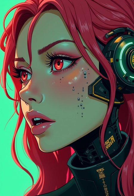 <lora:ck-Goro-Fujita:1>, digital artwork in the style of ckgf, A mesmerizing close-up portrait of an alien woman, her striking features blending extraterrestrial elegance with subtle mechanical elements. Her skin has a smooth, otherworldly texture, adorned with small, organic patterns. Her long, wavy hair cascades around her face, but in the Virtualboy-style palette of red, white, and black. Mechanical elements are seamlessly integrated into her face and neck—sharp, angular pieces emerge like delicate circuitry. The chiaroscuro-inspired lighting brings deep contrast, with bold shadows enhancing her alien beauty. The background features a cyberpunk workshop, and the limited palette emphasize the alien and mechanical features, while a soft green glow outlines parts of her face and hair, creating a futuristic yet nostalgic visual reminiscent of early handheld gaming
<lora:ck-nc-pastel-cyberpunk:0.3>
<lora:ck-MetalGearSolid:0.25>
<lora:RetroAnimeFluxV1:0.25>