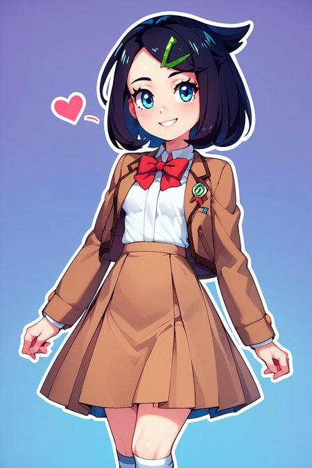 score_9, score_8_up, score_8, medium breasts, (curvy), cute, eyelashes,       BREAK, , Liko, hairclip, school uniform, collared shirt, white shirt, red bow, brown jacket, brown skirt, white socks, brown footwear <lora:Liko-Idkanymore50:0.8>, , BREAK, smile, looking at viewer,  abstract background, white outline, cowboy shot, embedding:zPDXL, Expressiveh, <lora:CatalystStylePDXL:0.6>,  <lora:SDXLFaeTastic2400:0.5>,  <lora:Expressive_H-000001:0.4>,