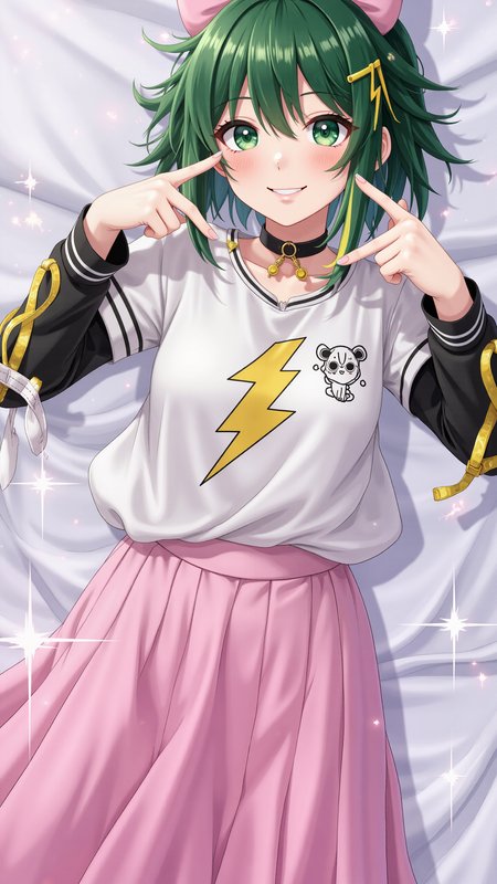 A confident anime girl with a adorable aesthetic, wearing a shirt with lightning bolt logo, long skirt, and cute accessories. She has striking green eyes and messy green hair with bold yellow streaks. She is making hand gesture while smirking playfully. The background is sparkling, and the artwork is in a hyperrealistic anime style with detailed rendering of clothing, accessories, and facial expressions. There are no watermarks. The lighting is dynamic, adding depth.
