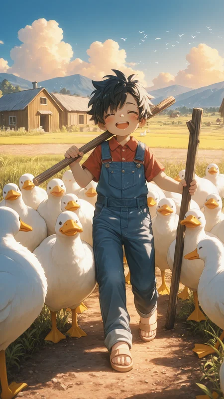 1boy, portrait,<lora:KonYa666:1> kony4666, <lora:add-detail-xl:1>,
masterpiece,best quality,
black hair, short hair, spiked hair, ^_^, blush cheeks, wide happy smile, upper teeth only, collared shirt, red shirt, short sleeves, denim overalls, sandals, holding a wooden stick over shoulder, leading a flock of ducks,   
dirt path, sunny day, clear blue sky, fluffy white clouds, green trees, hills in the background, peaceful rural countryside, farm setting, traditional wooden houses in the distance,
warm summer atmosphere, vibrant, lively scene, highly detailed, warm colors, cheerful color palette, cinematic composition