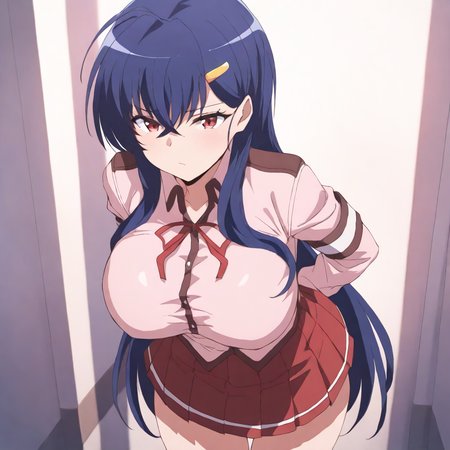 masterpiece,high score,great score,absurdres,<lora:Reiko AnimagineXL v1:1> reiko, blue hair, long hair, hairclip, red eyes, large breasts,school_uniform,cowboy_shot,