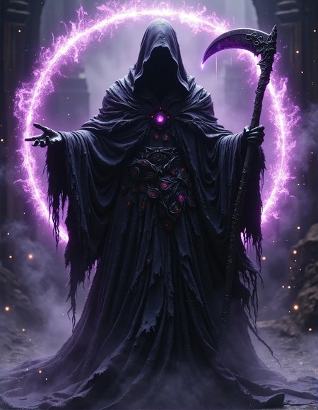 highly detailed cinematic scene, Dark, imposing figure in a tattered, shadowy robe, wielding a scythe-like weapon.  Full-length, imposing figure, standing amidst a misty, ethereal background.  The figure wears a dark, hooded robe with an intricate, almost skeletal texture.  The robe drapes dramatically, with ragged edges and flowing, almost liquid-like movements.  A celestial, light-purple, glowing circular frame surrounds the figure, filled with arcane symbols.  The background is a muted greyish-lavender, with scattered star-like elements, creating a sense of otherworldly gloom.  Soft, diffused lighting illuminates the figure, highlighting the dramatic folds and textures of the robes.  The figure's expression is solemn and unreadable, shrouded in the darkness.  A sense of foreboding and mystery permeates the scene, shallow depth of field, vignette, highly detailed, bokeh, moody, epic, gorgeous, film grain, grainy, HKMagic, <lora:Dever_Flux_Enhancer:0.5>, <lora:FantasyWizardWitchesFluxV2-000001:1>