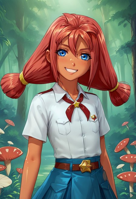 score 9, score 8 up, score 7 up, detailed background, shiny skin, UlyanaF, blue eyes, red hair, white shirt, blue skirt, petite, cheeky smile, flat chest,
 green forest, florescent cyan colored mushrooms, Amanita muscaria