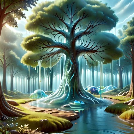 a forest made out of slime, dense-forest, Yggdrasil, a vast tree made out of slime, A large tree made out of slime, brown slime tree, translucent tree, transparent tree, 
everything made of slime, No simple background, ((slime tree)), detailed leaves, detailed bark texture, 
overcast sky, natural light, no bright spots, 
((translucent slime)), ((transparent slime)), (bioluminescent slime), sl1m3, slime, slime-morph, ais-blmn, saturated colors, no creatures, no monsters, no pokemon, scenery only, scenery, ral-lava, watce