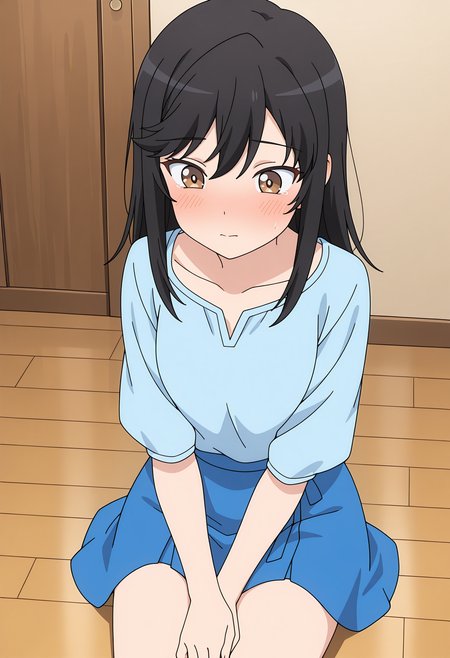 masterpiece, best quality, high resolution, source_anime, highly detailed illustration, detailed eyes,  
very aesthetic, absurdres, newest, amazing quality, 
1girl, solo, 
<lora:shiIchijouHotaruV1ill:1>, long hair, black hair, brown eyes, blue skirt,