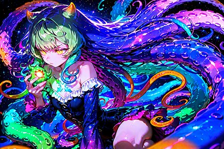 score_9, score_8_up, score_7_up, 1girl, cinematic angle, monster girl, tentacle hair, glowing eyes, eyelashes, tentacles, shining stars, starry sky, Depth of field, 4k wallpaper, cinematic shadows, chiaroscuro, cthulhu theme,  [(black background:1.2)::0.2], (starry sky background:1.2), masterpiece, best quality, amazing quality, very aesthetic, absurdres, highres, newest, intricate details, <lora:ponyv4_noob1_2_adamW:1.0> <lora:enhancerV4-pony:1> <lora:illustrious_noobai_epsilon_pred_1_best_quality_v1:1> <lora:illustrious_noobai_epsilon_pred_1_masterpieces_v1:1>