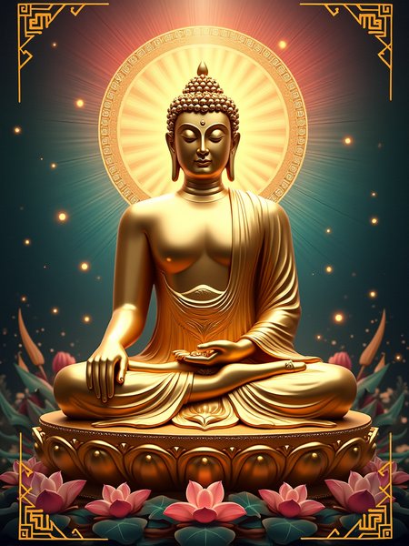 Revised Poster Design Concept: Golden Buddha Statue
Overall Style:

Luxurious and Serene with Vibrant Elements: The poster will showcase a Buddha statue made entirely of gold, emphasizing its metallic texture, but will now incorporate a colorful and intricate background to enhance visual appeal.
Buddha Statue Design:

Pose: The Buddha will remain in a classic seated pose, with a peaceful expression and gentle eyes, reflecting inner tranquility and wisdom.
Material Effect: The statue will have a smooth metallic finish, reflecting light to create a sense of opulence and divinity.
Background Design:

Colorful Aura: The background will feature a radiant, multi-colored aura surrounding the Buddha, reminiscent of traditional Buddhist art, incorporating shades of blue, pink, green, and yellow to symbolize enlightenment and positivity.
Complex Patterns: Integrate intricate mandala designs or swirling patterns in the background, adding depth and complexity to the overall visual.
Radiant Light:

Halo and Rays: Surrounding the Buddha, add a vibrant halo and dynamic rays of light in various colors, symbolizing wisdom and spirituality, enhancing the visual impact of the statue.
Additional Elements:
Lotus Patterns: Incorporate detailed lotus motifs at the base of the statue or within the background, symbolizing purity and awakening, with a gradient of colors to match the overall theme.
Delicate Decorations: Add subtle geometric patterns or ornate golden embellishments in the background to enhance the overall artistic feel and richness of the design.
Overall Effect:
This revised poster will blend wealth and spirituality through the luxurious golden Buddha statue while incorporating vibrant colors and intricate designs to create a more dynamic and captivating visual.      The colorful background and light effects will evoke a sacred atmosphere, while the text at the bottom reinforces the theme of prosperity.      The overall design will not only attract viewers' attention but also inspire contemplation and a sense of awe.