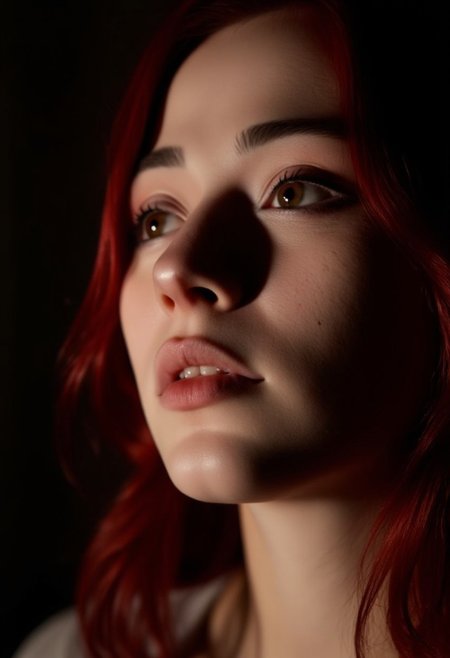 A close-up of a girl with red hair. Her lips are parted, and the sunlight creates contrast with the dark theme, adding depth to her realistic features.