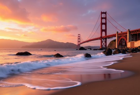 A professional photo of the iconic Golden Gate Bridge at early sunset, viewed from the sandy shores of Baker Beach. The scene is bathed in the warm, golden hues of the setting sun, casting a soft glow over the bridge's red-orange towers as they stretch across the bay. The sky above is a vibrant blend of soft pink, orange, and lavender, with streaks of clouds catching the last rays of sunlight. The waters of the Pacific Ocean gently lap against the shoreline, reflecting the warm tones of the sky, while small waves crash against the rocks in the foreground. The bridge stands tall and proud, its cables silhouetted against the colorful sky. In the distance, the city skyline is faintly visible, bathed in the golden light. The entire scene exudes a serene and peaceful atmosphere, with the vast expanse of the ocean and the grandeur of the bridge creating a perfect harmony between nature and human engineering.