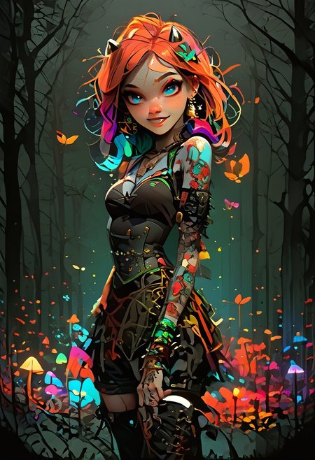 score_9, score_8_up, score_7_up, FFDAC, A cute fain, beautiful face, (perky breasts:1.0), 1girl, solo, sexy body, beautiful face, faun, pale skin, pearlescent horns , blue eyes, colourful makeup, (freckles: 1.5), face freckles, (chest tattoos:1.5), (arm tattoos:1.5), long ginger hair, narrow waist, feminine hourglass body, Green leather gothic corset, pentagram earrings, chest harness, leather shorts, ankle boots, embroidered hooded cape, (no sleeves:1.2), bracelets, light blush, cheeky grin, detailed background, night, moonlight, gloomy forest brightly coloured flowers and mushrooms, volumetric lighting, vivid colors, exploring the forest, she's holding a glowing magical flower