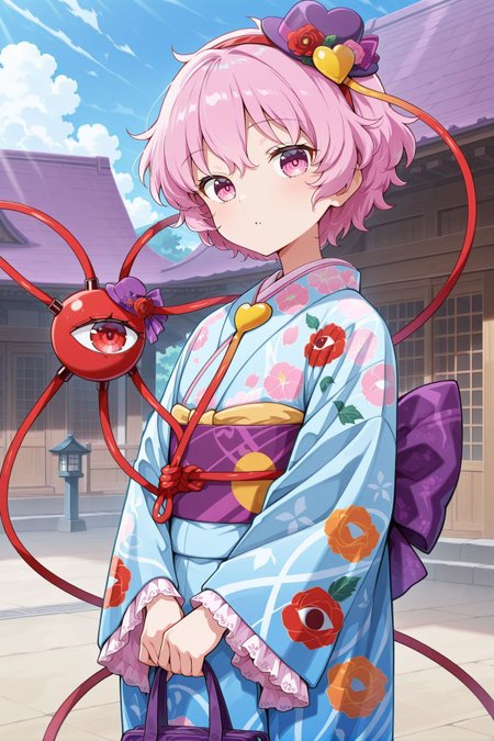 absurdres, highres, masterpiece, best quality, amazing quality, official anime artwork, screencap, anime screencap, looking at viewer, outdoors, 
<lora:Komeiji-Satori_IllustriousV2:1> komeiji satori, 1girl, solo, pink eyes, pink hair, short hair, third eye,, komeiji satori \(travel safety satori youkai\), alternate costume, mini hat, purple hat, hat flower, heart hat ornament, multicolored kimono, blue kimono, floral print kimono, eyeball, eyeball print, wide sleeves, lace-trimmed sleeves, furisode, back bow, purple bow,