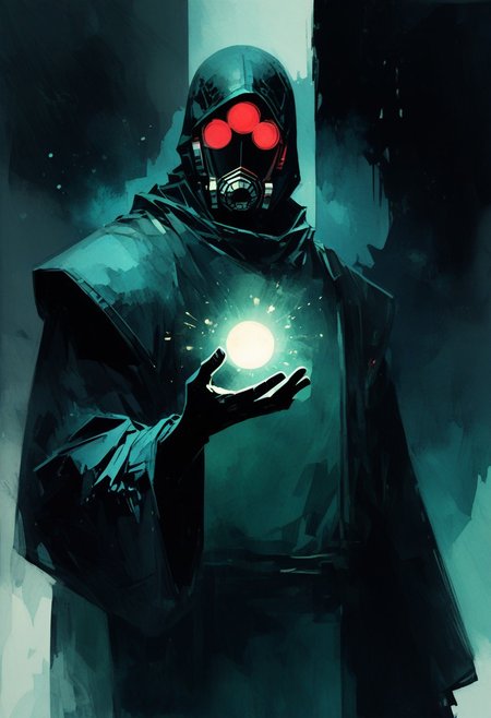 score_9, score_8_up, score_7_up, ((watercolor style)), An imposing cyberspace warrior, standing amidst a futuristic cityscape dominated by skyscrapers covered in glowing cybernetic data, multimedia graphics, and media. His form is made of shiny metallic hues, with gold circuitry and blue-green LED lights running across his  skin. His eyes gleam like moving stock quotes, filled with numbers, and his loose robe is composed of spiraling encrypted digital symbols, programming language, and data and information streams. In one hand, he holds a large glowing orb representing the digital world, with blue and red languages ​​chaotically interacting within it. In the other hand, he holds another orb representing the connectivity between the digital and real worlds. The background is alive with flickering screens, fluctuating code, and skyscrapers bending and shifting as if responding to her will. His expression is intense and commanding, embodying the volatility and power of the Internet reflected in the shifting lights around his. nvcmsdx