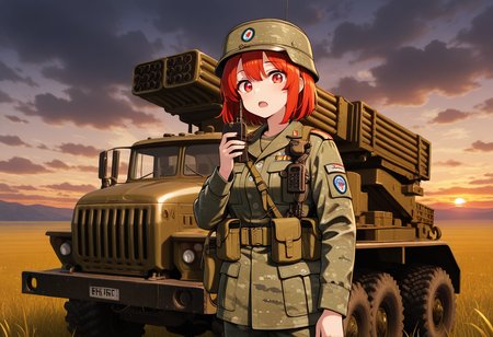 masterpiece, best quality, Graphic Design, color art, vibrant colors, intricate details, high contrast, detailed background, beautiful detailed, beautiful face, detailed eyes, detailed face, new, newest, 1girl, solo, military uniform, cowboy shot, holding walkie-talkie, open mouth, ur4l, truck, military vehicle, car, missile pod, outdoors, vehicle focus, battlefiel, sunset, evenig, cloudy,