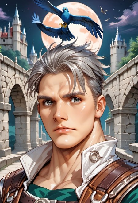 score_9, score_8_up, score_7_up, source_anime, Nathan standing with a single large hawk flying behind him, natgra2, gray eyes, short hair, silver hair, steel greaves, plated footwear, brown skirt, black pants, green shirt, brown leather vest, silver belts, white gloves, silver chest plate, looking at viewer, (((hawk))), csdb, castle background, stone bridge, bright moon, night, (((large hawk))),