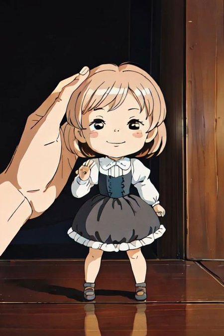 masterpiece, best quality, intricate detail, intricate background detail, 1girl,  gradient hair, happy, full body, pop art, chibi art, pov hands, headpatting