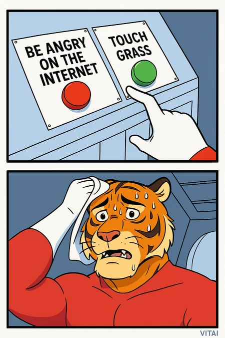 image in this style of meme except make the character an anthropomorphic tiger man and have one button as "Be angry on the internet" and the other button green with text "Touch Grass"