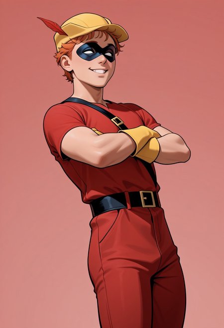 masterpiece, absurdres, high quality, perfect anatomy, 1boy, solo, cute boy, male focus, Speedy, Orange Hair, Domino Mask, White Eyes, Yellow Cap, Red Tunic, Red Pants, Yellow Gloves, smug smile, parted lips, arms crossed, cinematic, intricately detailed illustration, depth of field, masterpiece, best quality, amazing quality, very aesthetic, absurdres, newest, very awa,  shadow, dynamic angle, casual cosplay, dynamic pose, simple background, red theme