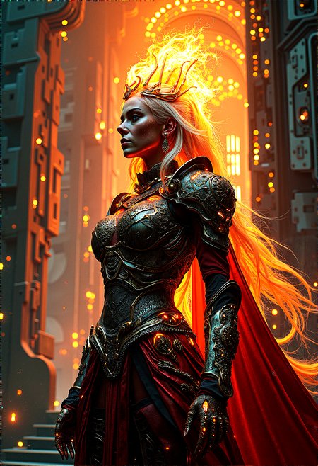 photorealistic image of a warrior queen with fire-infused scale armor, her hair blazing like a crown, in a digital fortress with intricate circuit patterns and neon lights, combining elements of fantasy and futuristic technology, glowing circuitry and fire reflections, ultra-detailed textures, dramatic lighting, next-gen graphics, high-definition, complex composition, cinematic




cinematic scene, cinematic lighting, intricate detail skin and facial texture, lifelike expression, accurate character design, dynamic pose, interesting and complex background details, 



 














