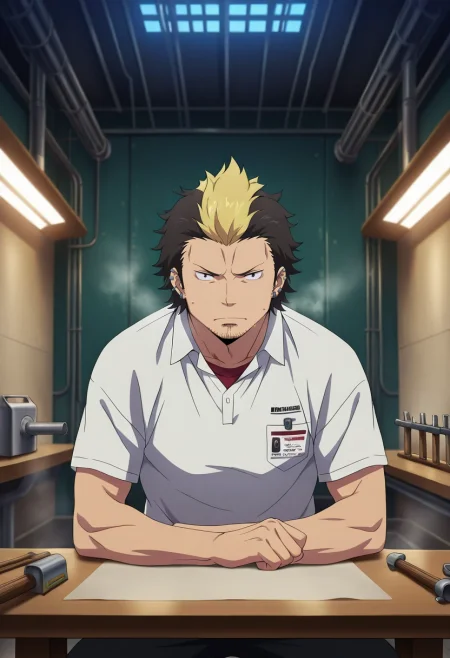 masterpiece, best quality, , semi-realistic, looking at viewer, , 1boy, solo, male focus, <lora:ryuuji_suguro_ilxl:0.96>, ryuuji_suguro, black hair, black eyes, short hair, streaked hair, multicolored hair, two-tone hair, blonde hair, facial hair, stubble, , steam workshop, gear benches, pipe tools, pressure gauges, crafting pose, focused expression, industrial lighting,