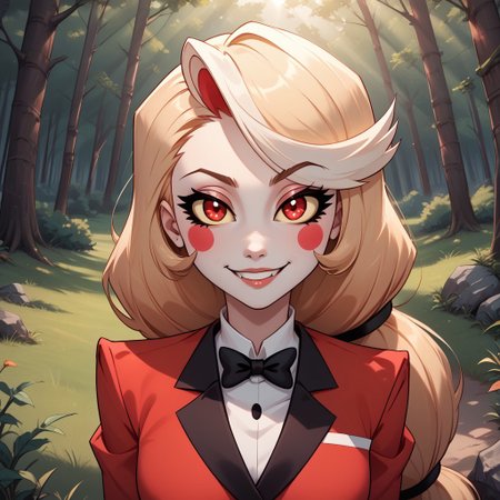 score_9, score_8, BREAK, solo, charlie from hazbin hotel, red eyes with yellow sclera, bleach white skin, rosey cheeks, golden hair, slender body, red business suit, sexy pose, self portrait, smile, outdoors, sunlight, shadows, evening lighting, natural lighting, forest, trees, grass, orange sky, sunset